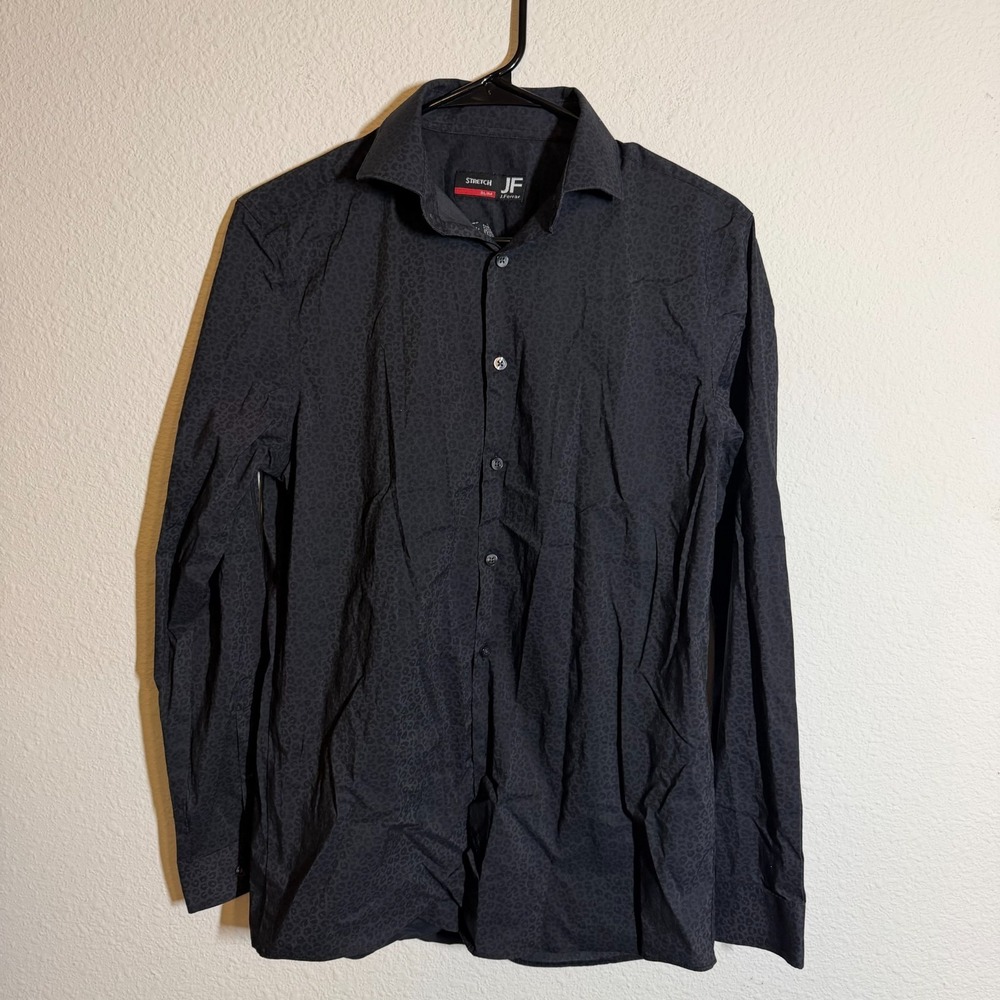 J. Ferrar Dress Shirt Mens 14-14.5 32-33 Black Leopard Print‎ Slim Fit Business